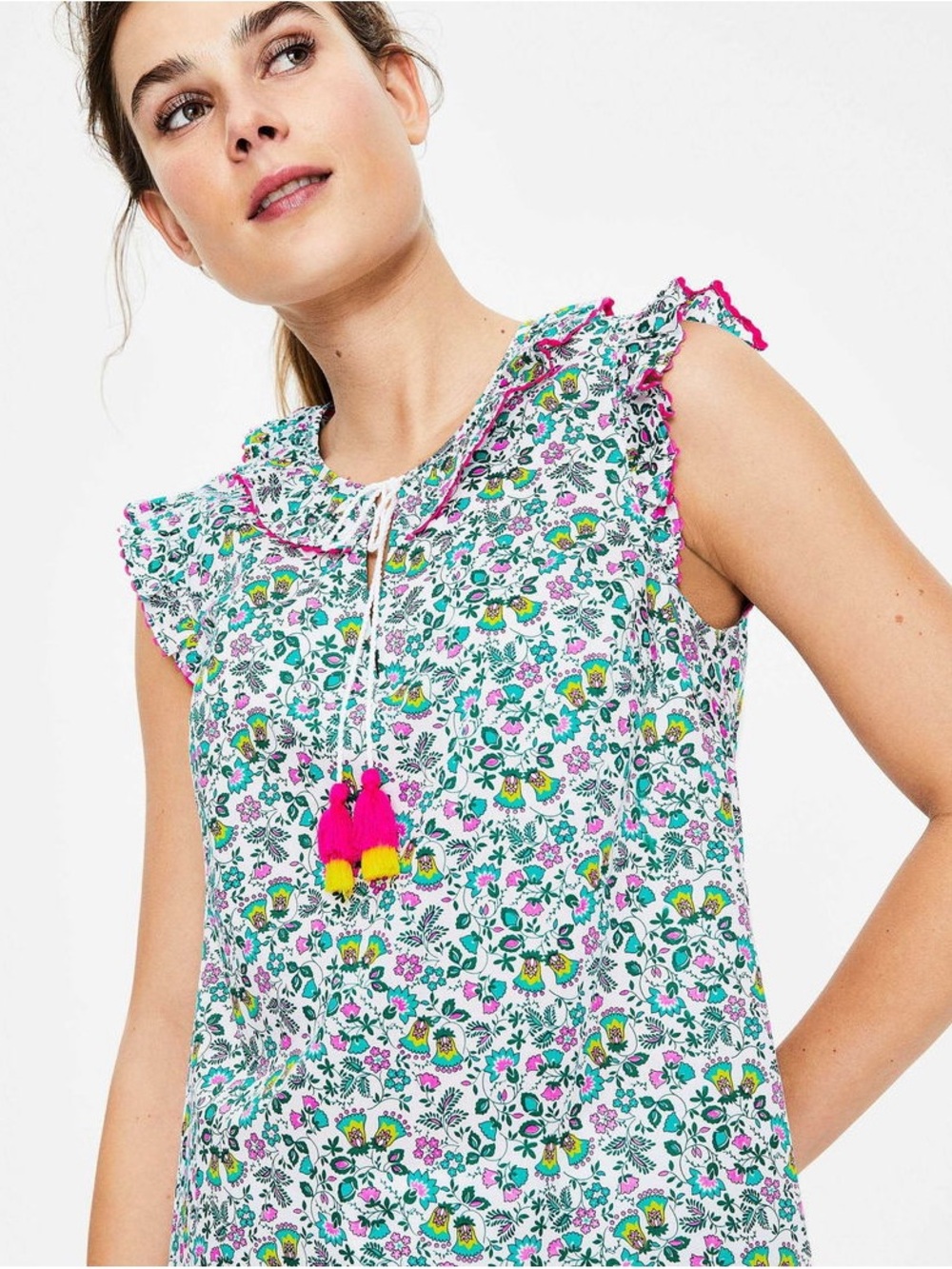 Boden White Floral Ruffle Tie-Neck Camisole with Pink & Green